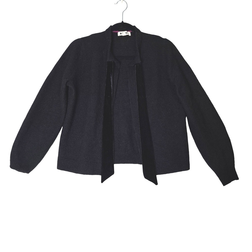 Boden Sweater Womens S Wool‎ Cardigan Black Velvet Trim Tie Neck